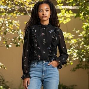 H&M Black Floral Blouse size 10 no stretch ruffles